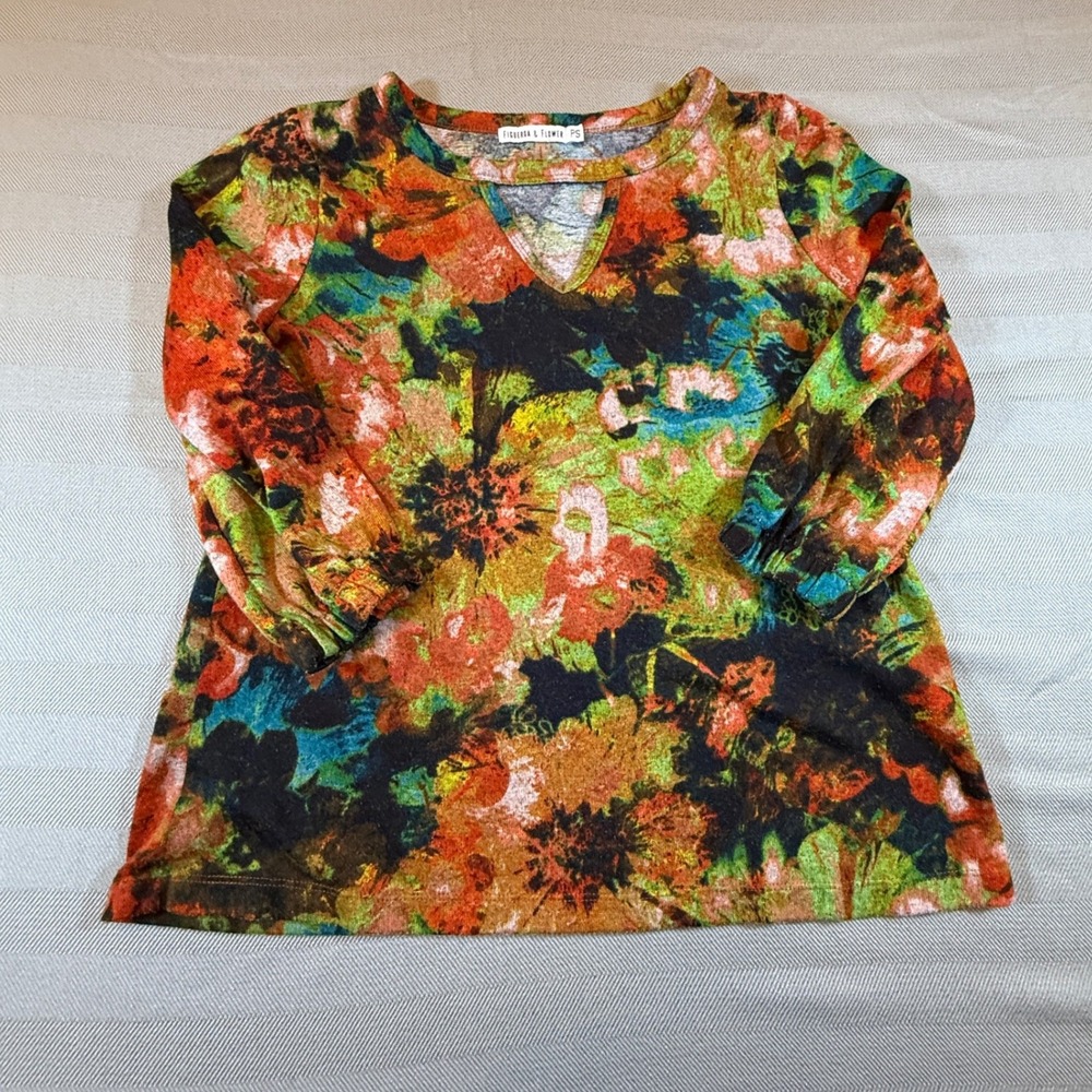 Figueroa & Flower Floral Keyhole Knit Top Green Orange PS EDN3215P 2483